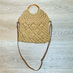 Woven Crochet Straw Tote Bag with Wood Handles - Tan
